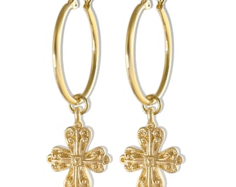 18K Gold "Tuuli" Vintage Style Cross Earrings
