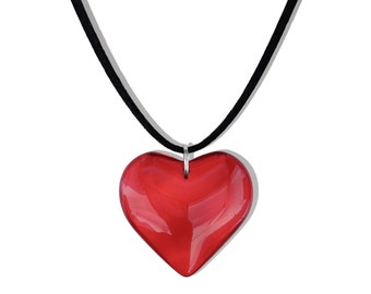 Red Glass Heart "First Date" Leather Wrap Tie Choker