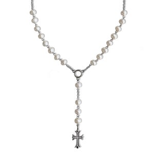 Freshwater Pearl Stainless Steel &quot;Devotion&quot; Cross Pendant Rosary Necklace