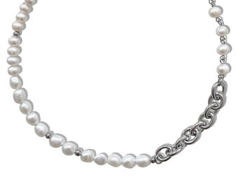 Freshwater Pearl Stainless Steel Chain "Caelum" Half & Half Necklace