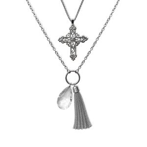 Silver "Soft Relic" Cross Crystal and Tassel Necklace Set
