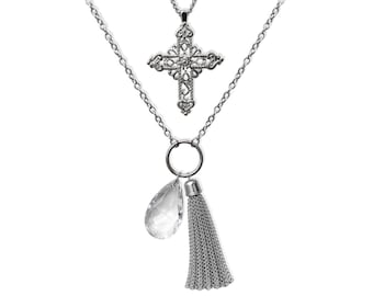 Silver "Soft Relic" Cross Crystal and Tassel Necklace Set