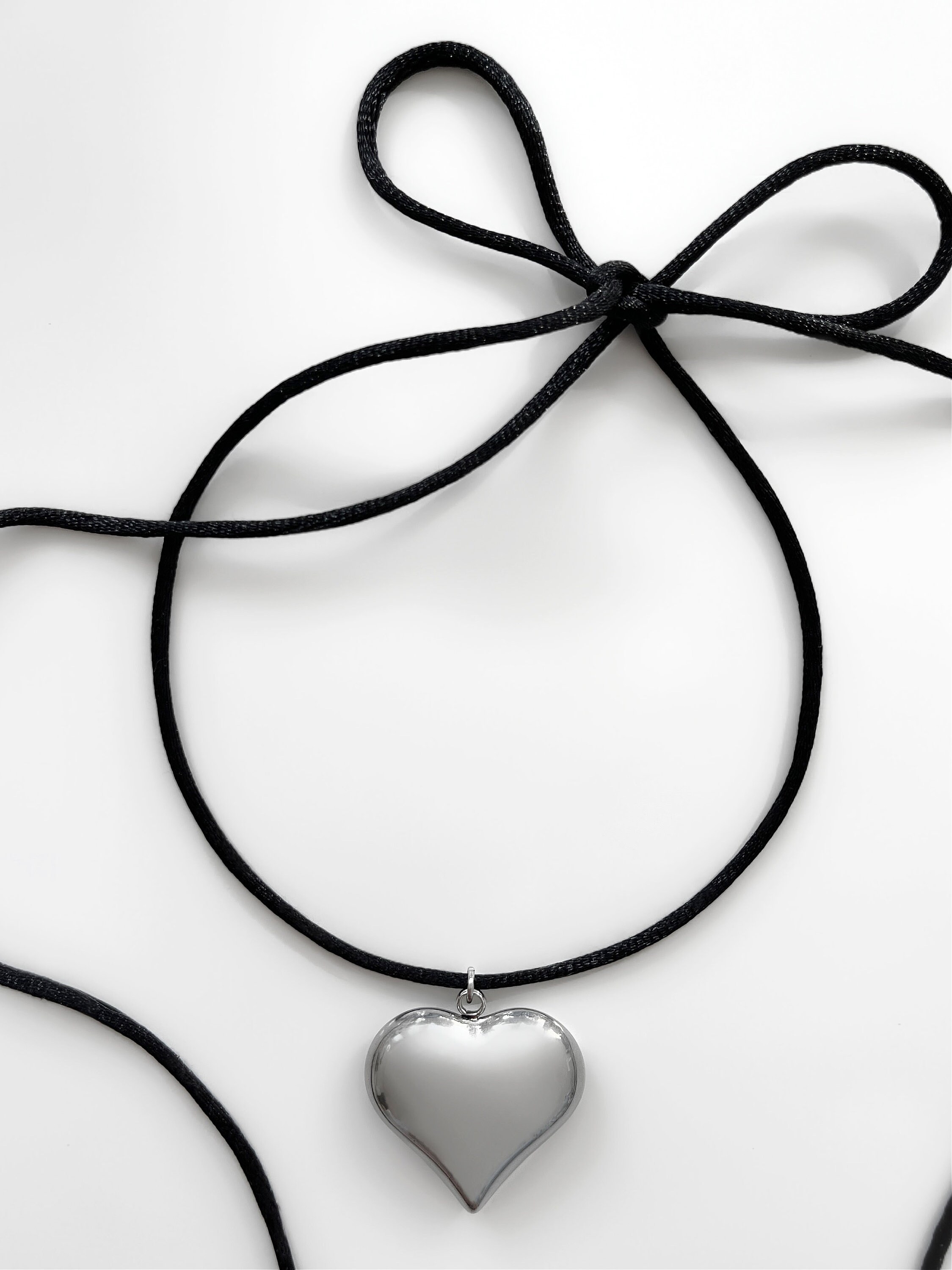 Puffed Heart String Necklace Black Cord Long Wrap Tie Choker Silver Gold  Stainless Steel Chunky 3D Puffy Pendant Handmade Unisex Jewelry 
