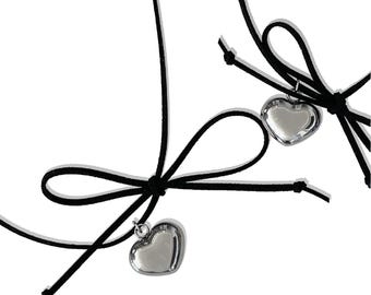 Puffed Heart Pendant "Luv U" Leather Wrap Tie Choker