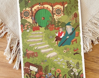 May include: A green door with a round window on either side, surrounded by lush greenery and flowers. Two figures sit on a bench outside the door, one with a pipe and the other with a cup. A sign reads "No admittance except on party business".