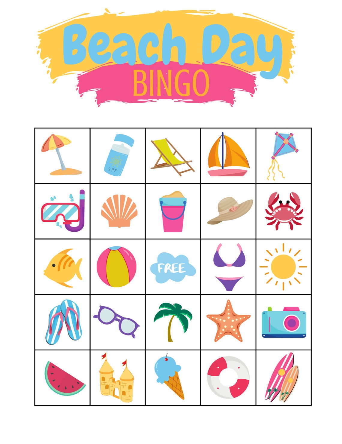 Beach Day Bingo Printable Fun Game for Kids Summer Etsy