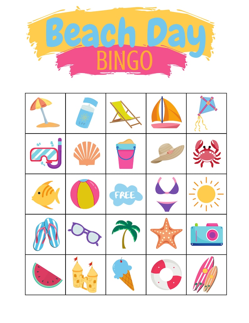 beach day bingo printable fun game for kids summer etsy