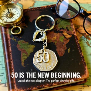 50th Birthday Keepsake Keyring: Recycled 50p Coin, Angel Wing Charm