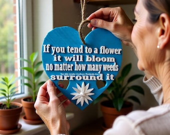 Heart Garden Plaque, Inspirational Sign, Handmade Hemp Hanging.