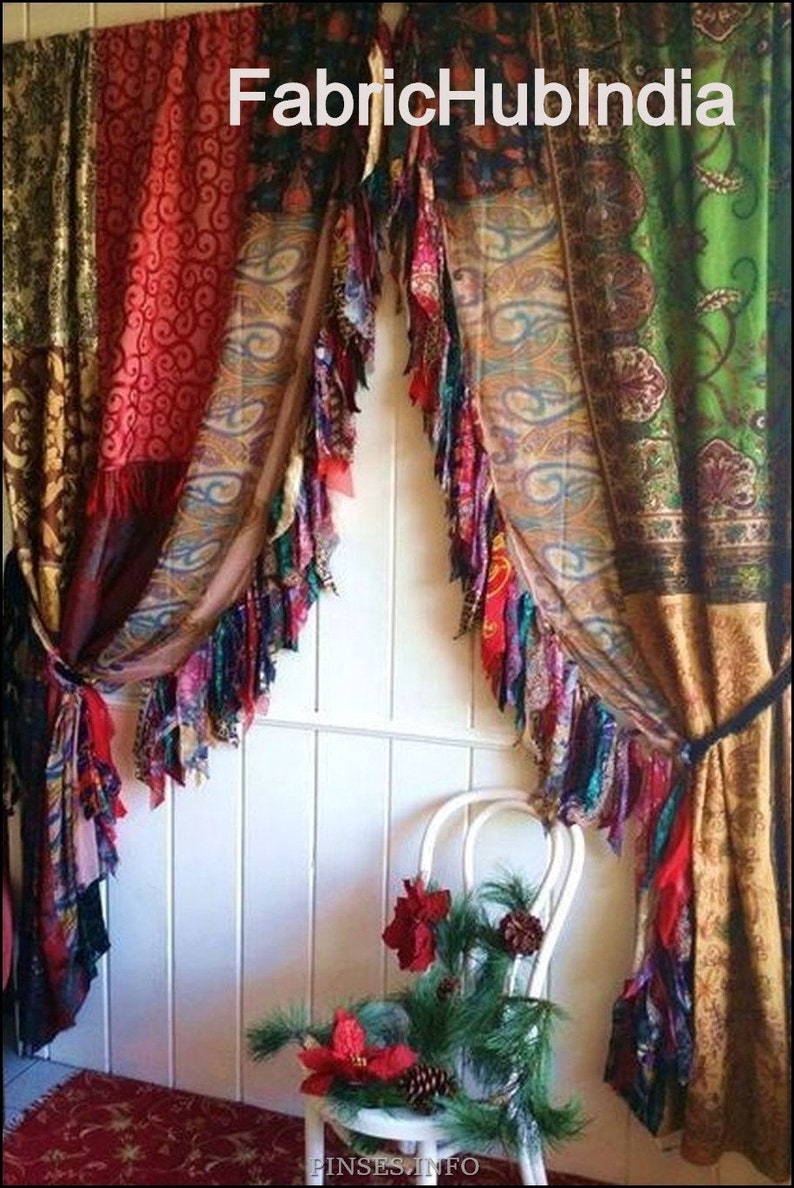 2 Pcs Of Indian Curtain Saree Silk Curtain Sari Boho Curtain Gypsy Curtain Hippy Bohemian Curtain Ethnic Wall Hanging Curtain 