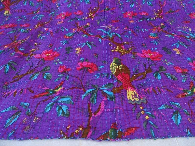 Bird Print King Size Kantha Quilt Kantha Blanket Bed Cover Etsy