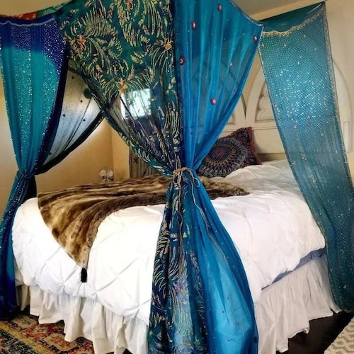 Bed Canopy Curtains Hippiewild Boho Curtains Bohemian Blue Etsy