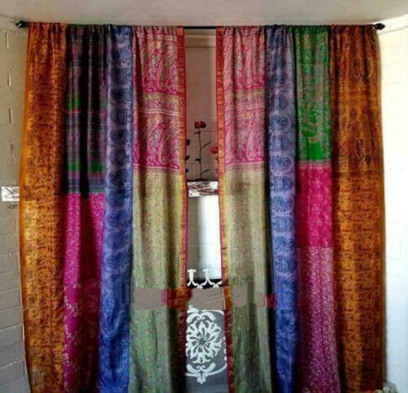 Wholesale Lot of Indian Vintage Old Silk Sari Multi color Handmade Patchwork Curtain Door Drape Window Home Decor Recycled Curtain 