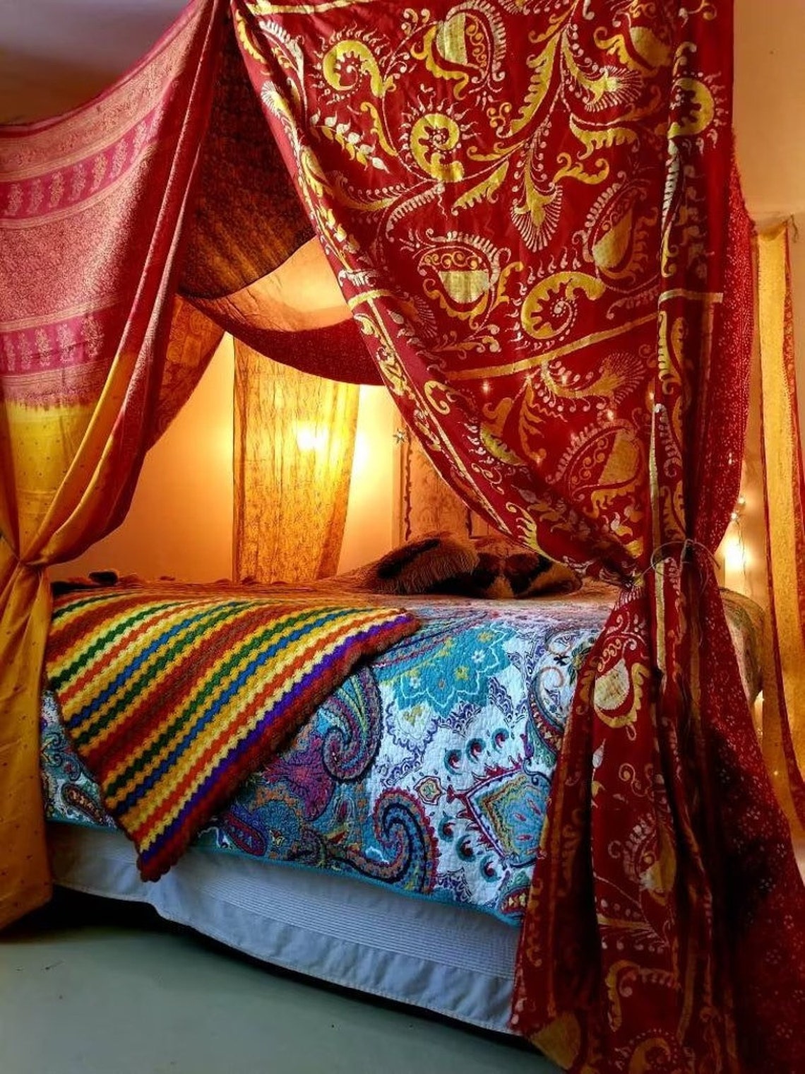 Bed Canopy Curtains Boho Curtains Bohemian Blue Decor India - Etsy