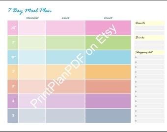 Afdrukbaar menu Wekelijkse maaltijdplanner Schema maandag Start Voedselorganisator Familie Kleurrijke pastelkleuren DIGITALE DOWNLOAD PDF Stationair 8x11 formaat