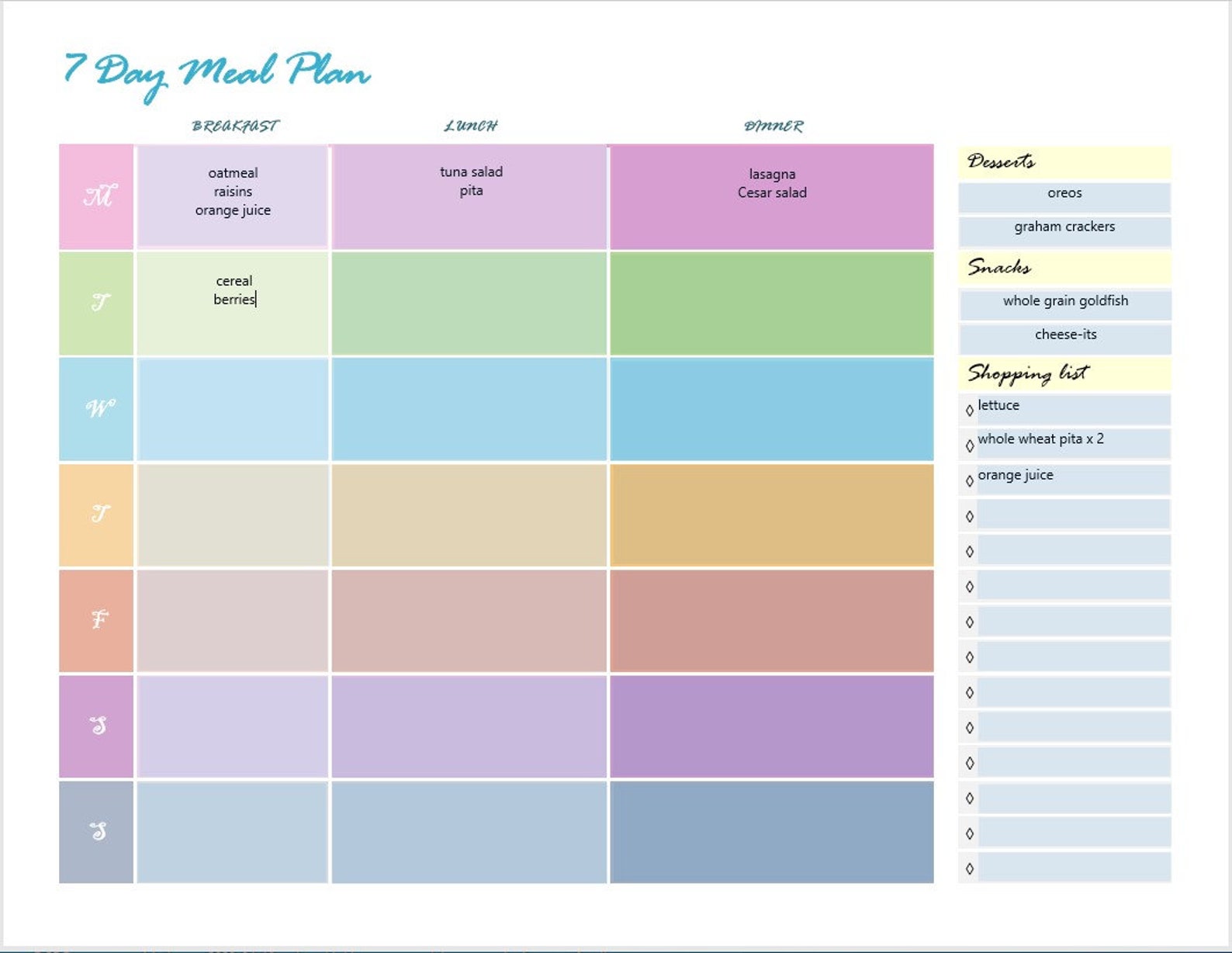 Printable Menu Weekly Meal Planner Schedule Monday Start Food Organizer ...