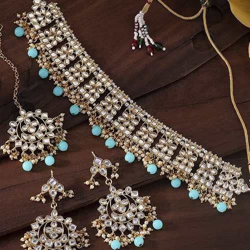 Elegant Indian Wedding Wear, Faux Kundan Studded shops Choker Necklace, Maang Tikka Set, Ethnic Fashion Jewelry for Women, Sky Blue Bead - JS51B03