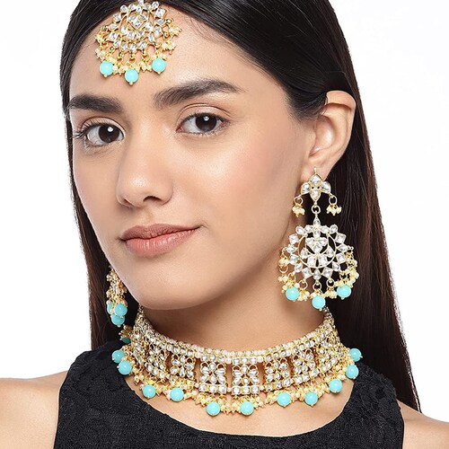 Elegant Indian Wedding Wear, Faux Kundan Studded shops Choker Necklace, Maang Tikka Set, Ethnic Fashion Jewelry for Women, Sky Blue Bead - JS51B03