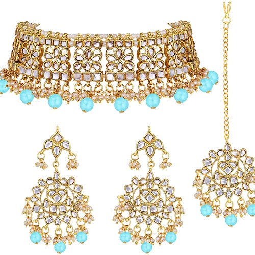 Elegant Indian Wedding Wear, Faux Kundan Studded shops Choker Necklace, Maang Tikka Set, Ethnic Fashion Jewelry for Women, Sky Blue Bead - JS51B03