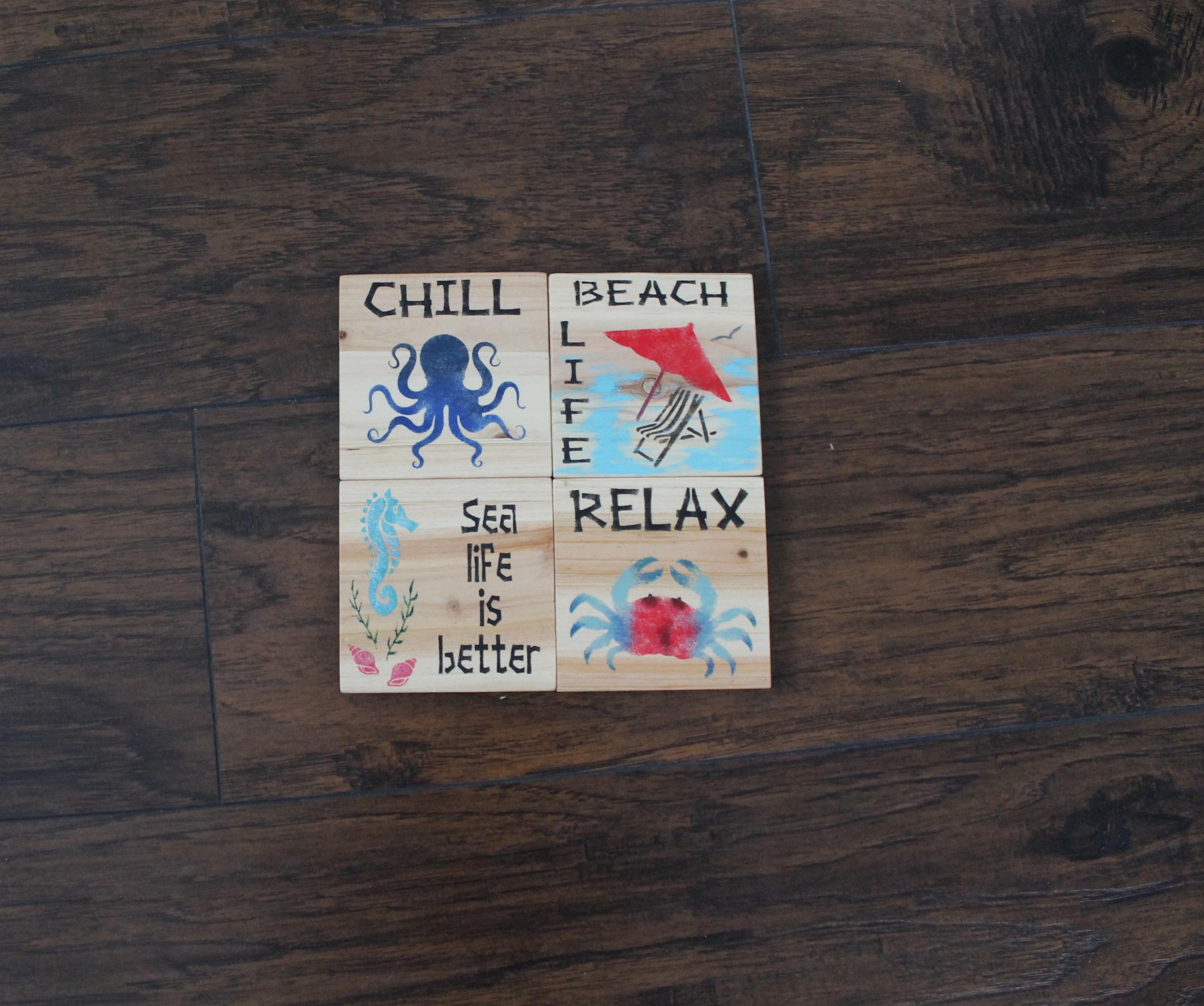 Wood beach coasters, square coasters, crab coasters, octopus coasters, bar coasters, coaster gifts, wooden coasters, home decor, beach decor