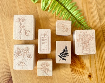 set of 10 leaves trees flowers rubber stamps wood top