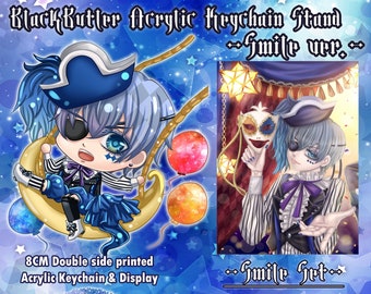 Kuroshitsuji Black Butler anime doble cara impresa Acrylic Keychain Stand con conjunto de postales-Libro de circo-Smile-Ciel ver-