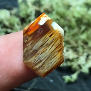 Peut inclure: Une pierre précieuse d'agate hexagonale translucide, orange et blanche avec un motif fibreux unique.