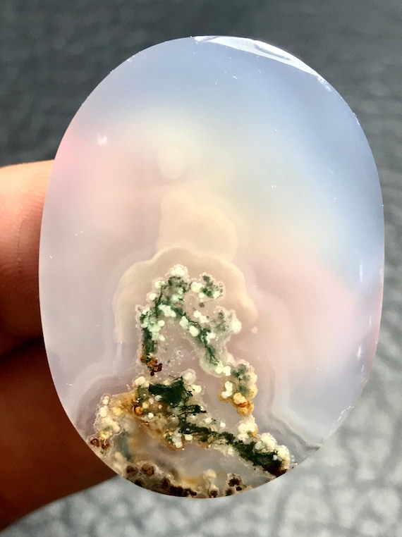 Cabochon Panoramique En Agate Mousse Naturelle - 30x22x7 Mm, 37 Carats, Qualité Exceptionnelle