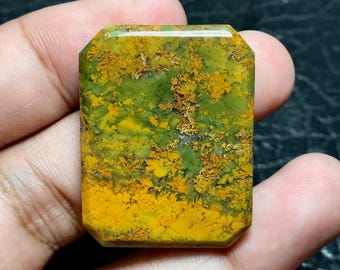 Può includere: Un cabochon di agata verde e giallo con un motivo dendritico unico. La pietra è tagliata in forma rettangolare con bordi smussati.