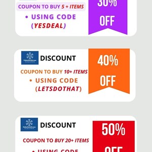 May include: Three discount coupons with different percentages off. The first coupon is purple and says 30% off, the second coupon is orange and says 40% off, and the third coupon is red and says 50% off. Each coupon has a logo and text that says "Cabochonsforyou" and "Discount".