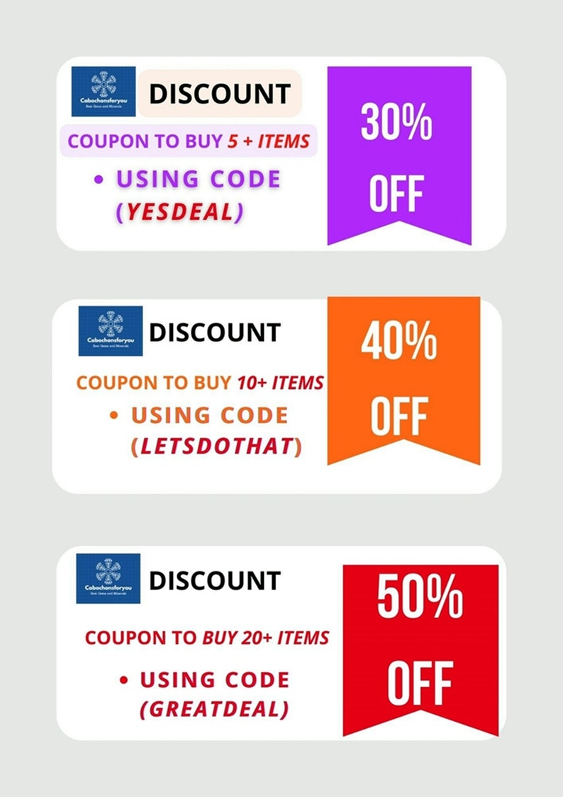 May include: Three discount coupons with different percentages off. The first coupon is purple and says 30% off, the second coupon is orange and says 40% off, and the third coupon is red and says 50% off. Each coupon has a logo and text that says "Cabochonsforyou" and "Discount".