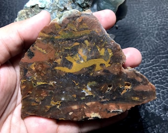 Puede incluir: Una piedra pulida de forma irregular con una mezcla de colores. La piedra presenta una base marrón oscuro y negra, con vetas de naranja, amarillo y verde. La piedra se sostiene en una mano.