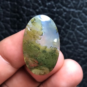 Scenic Moss Agate Cabochon, Java Island Gemstone (18x30x5.5 mm)