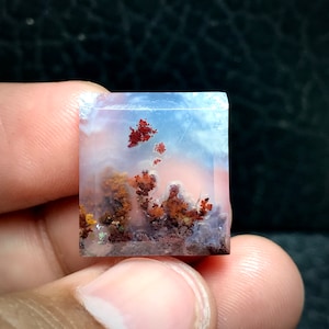 May include: A square-cut gemstone with a landscape pattern. The stone has a translucent base with reddish-brown and yellow inclusions, resembling trees and foliage. The colours blend with a soft, cloudy background, creating a miniature natural scene.