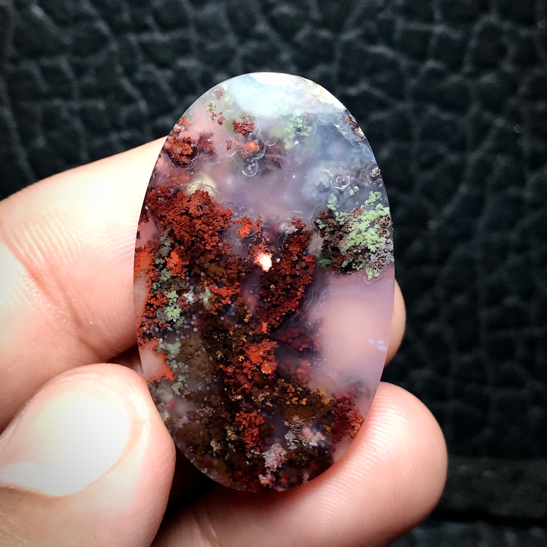 Scenic Red Moss Agate Cabochon, Indonesian Gemstone (38x23.5x5.5mm