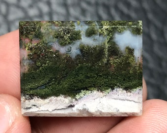 Può includere: Un cabochon di agata verde, bianco e marrone con un motivo a muschio. La pietra è traslucida e ha una finitura lucida.