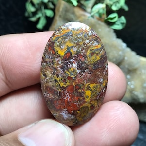May include: A colorful agate cabochon with a mix of red, yellow, brown, and white patterns. The stone is oval shaped and polished.