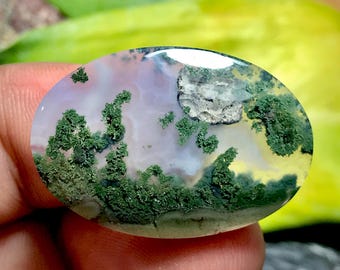 Scenic Moss Agate Cabochon, Indonesian Gemstone (31x21x6 mm)