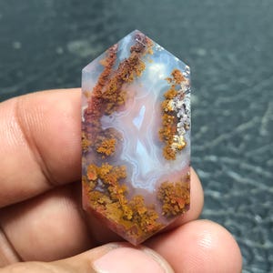 May include: A hexagonal polished gemstone cabochon featuring a translucent, milky white base with intricate, branching dendrite inclusions in shades of rust orange, deep brown, and golden yellow, creating a natural moss-like pattern throughout.