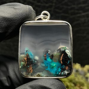 Sterling Silver 925 Chrysocolla Clouds Chalcedony with Native Copper Pendant