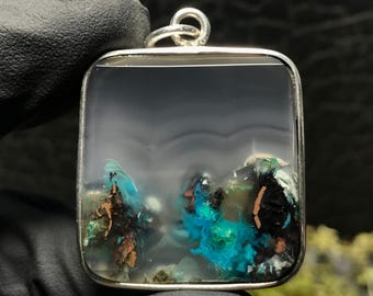 Sterling Silver 925 Chrysocolla Clouds Chalcedony with Native Copper Pendant