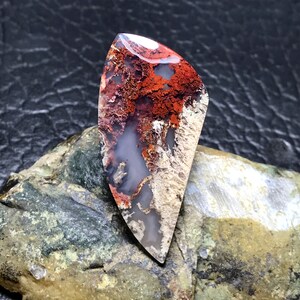 Peut inclure: Un cabochon d'agate poli en forme de larme avec un motif de couleur blanc, gris et rouge. L'agate présente un motif dendritique unique avec une base blanche et grise et des dendrites rouges, brunes et orange.