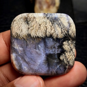 Könnte beinhalten: Ein quadratischer Edelstein mit einem einzigartigen Muster. Der obere Teil zeigt ein beiges, farnartiges Design vor einem dunklen Hintergrund. Der untere Bereich zeigt eine Mischung aus blauen und grauen Farbtönen, die einen Marmoreffekt erzeugen. Der Stein wird in einer Hand gehalten.