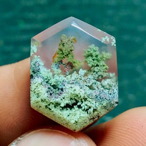 Puede incluir: Una gema hexagonal con un exterior claro y translúcido. El interior presenta un paisaje de inclusiones verdes, blancas y marrones, que se asemeja a un bosque en miniatura. La piedra se sostiene entre los dedos, mostrando sus intrincados detalles y belleza natural.