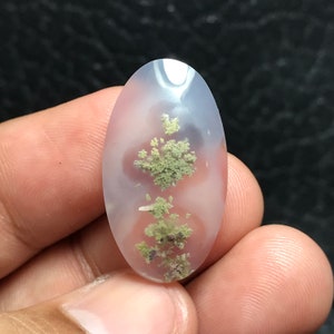 Può includere: Cabochon di agata di forma ovale con sfondo bianco e inclusioni dendritiche verdi.