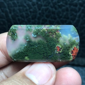 Peut inclure: Un cabochon d'agate poli et translucide avec un motif de paysage unique. La pierre présente un mélange de couleurs vertes, rouges et blanches, ressemblant à une scène de forêt miniature.