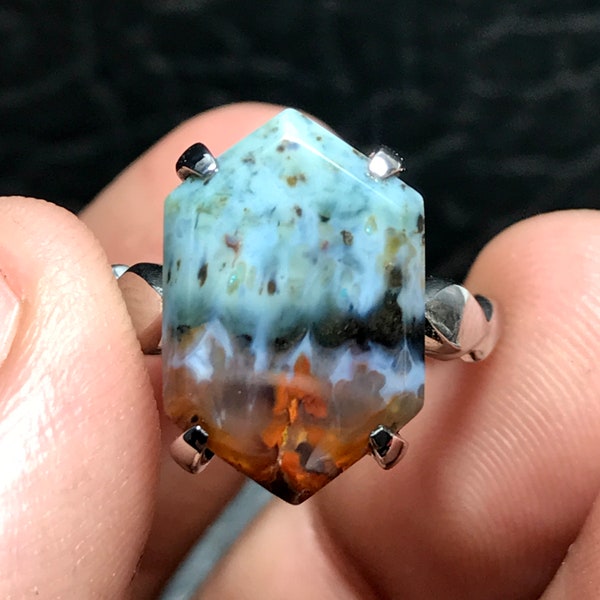 Rings Monel Minimalist Plume Agate, Size Ring 6,5 USA, Cosplay Jewelry Gifts For Her, Metal Smith,Moss Agate Ring, Birthday Gifts, Halloween