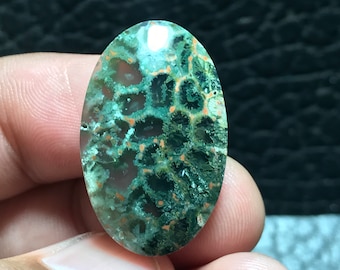 May include: A green and orange agate cabochon with a unique pattern. The stone is oval shaped and has a smooth, polished surface.