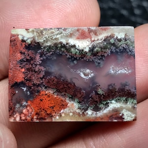 May include: A polished agate stone featuring a range of colours and patterns, including red, brown, white, and green. The stone has a layered appearance, with different colours and patterns layered on top of each other.