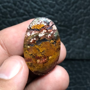 Peut inclure: Un cabochon d'agate brun, blanc et orange avec un motif dendritique. Le cabochon est de forme ovale et a une surface lisse et polie.
